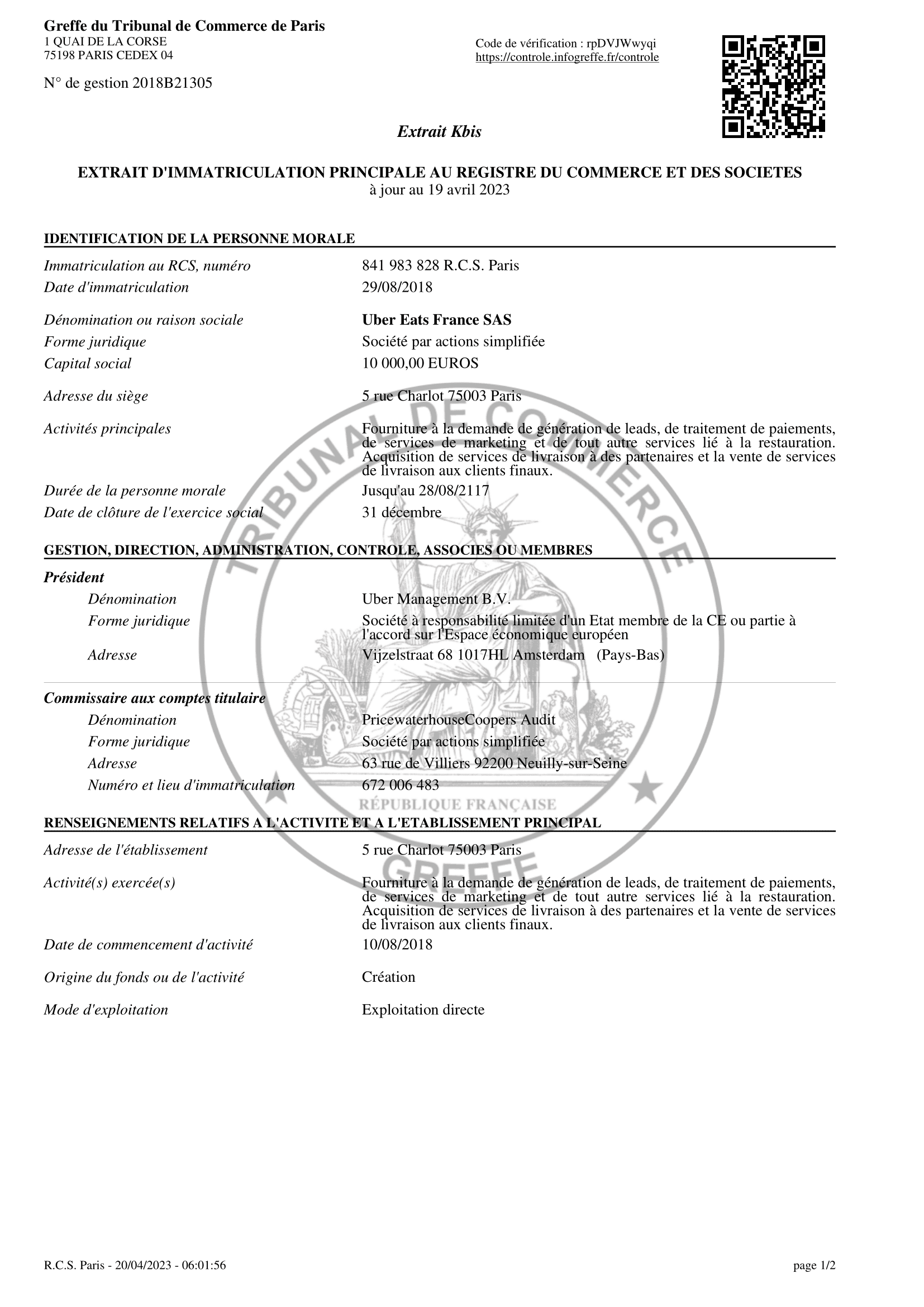 Aperçu d'un extrait Kbis officiel au format PDF
